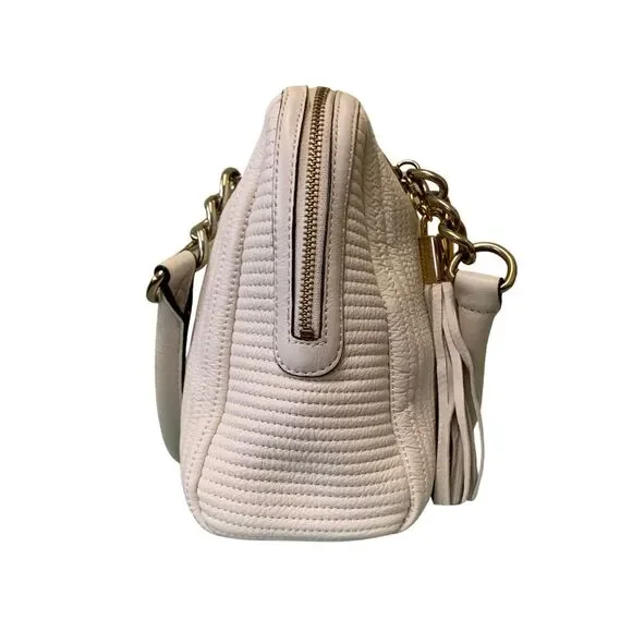 Calvin Klein Quilted Cream Leather Satchel with Tassel and Gold Chain Handles - Picture 5 of 14